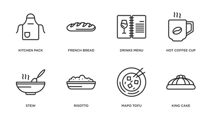 Wall Mural - food outline icons set. thin line icons such as kitchen pack, french bread, drinks menu, hot coffee cup, stew, risotto, mapo tofu, king cake vector.