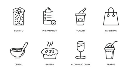 fast food outline icons set. thin line icons such as burrito, preparation, yogurt, paper bag, cereal, bakery, alcoholic drink, frappe vector.