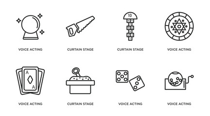 Wall Mural - arcade outline icons set. thin line icons such as voice acting, curtain stage, curtain stage, voice acting, voice acting, curtain stage, vector.