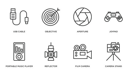 Wall Mural - electronic stuff fill outline icons set. thin line icons such as usb cable, objective, aperture, joypad, portable music player, reflector, film camera, camera stand vector.