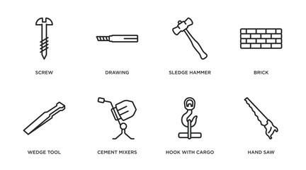 Sticker - construction tools outline icons set. thin line icons such as screw, drawing, sledge hammer, brick, wedge tool, cement mixers, hook with cargo, hand saw vector.