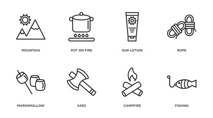 camping outline icons set. thin line icons such as mountain, pot on fire, sun lotion, rope, marshmallow, axes, campfire, fishing vector.