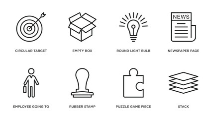 Wall Mural - business outline icons set. thin line icons such as circular target, empty box, round light bulb, ne
