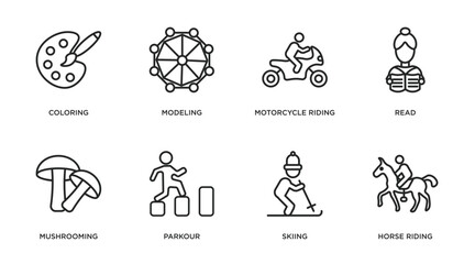 Wall Mural - activity and hobbies outline icons set. thin line icons such as coloring, modeling, motorcycle riding, read, mushrooming, parkour, skiing, horse riding vector.