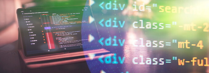 Notebook closeup photo. CSS, JavaScript and HTML usage. Monitor closeup of function source code. Abstract IT technology background. Software source code.