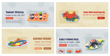 Web page design set with seafood restaurant deals