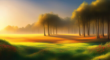 Wall Mural - idyllic summer landscape with flower meadow trees and light with copy space generative ai illustrati