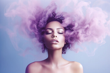 young woman surrounded by a purple pink cloud of smoke on isolated pastel blue background. abstract 