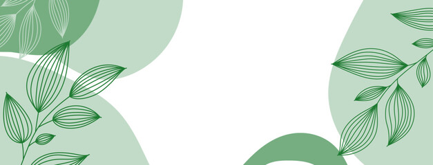 abstract green botanical minimal background with organic shapes and line leaves. design for banner, 