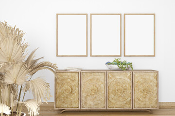 Three frame mockup in living room, 3d render
