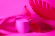 Leinwandbild Motiv Podium with stylish sunglasses and paper palm leaf on pink background