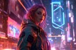 Beautiful girl in cyberpunk style on the background of the city in neon lights Ai Generative AI