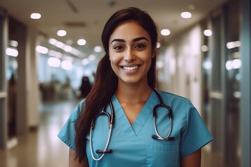 Poster - Portrait of a smiling female nurse with stethoscope in hospital corridor