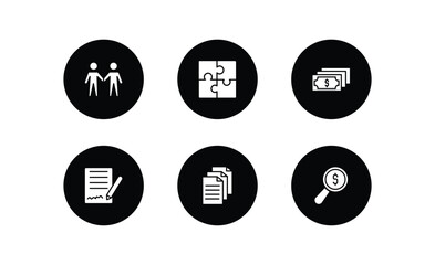 business filled icons set. business filled icons pack included men couple, puzzle game piece, dollar bills, , paper graphic, money finder vector.