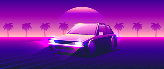 Wall Mural - Beautiful neon car on sunset background. Evening landscape of isolated car. Retro horizontal illustration in vintage style.