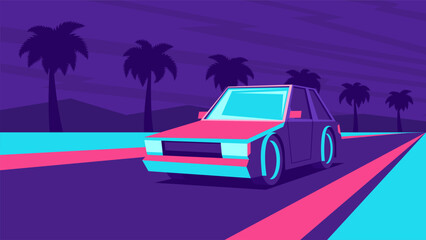 Wall Mural - Horizontal neon illustration of retro car driving on the road on evening palm trees background.