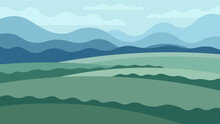 Wide Green Summer Fields On Abstract Mountains Background. Rural Agricultural Horizontal Illustration.