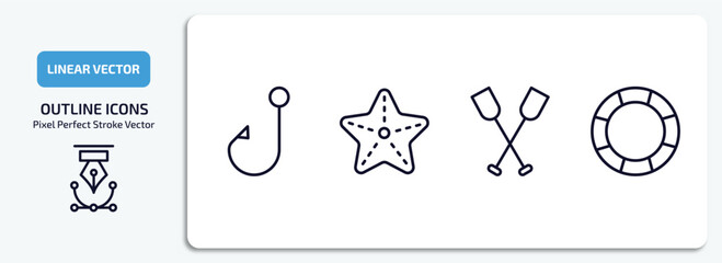 Wall Mural - nautical outline icons set. nautical thin line icons pack included bait, starfish, paddles, big float vector.