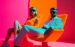 Man and woman in sunglasses sitting on the chairs. Neon colors. Generative AI technology.