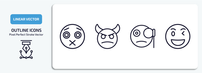 emoji outline icons set. emoji thin line icons pack included silent emoji, angry with horns monocle wink vector.