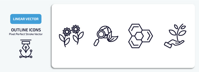 ecology outline icons set. ecology thin line icons pack included two flowers, ecologism, eco power cells, plant a tree vector.