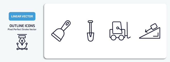 Wall Mural - construction outline icons set. construction thin line icons pack included scraper, short shovel, trolley truck, inclined vector.