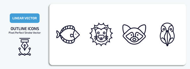 Wall Mural - animals outline icons set. animals thin line icons pack included flounder, lion head, raccoon, deadlock vector.