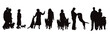 Set of vector silhouettes of family with dog on white background.