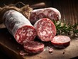Delicatessen salami sausage with white mold fouet.created with Generative AI technology
