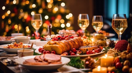 Christmas Dinner table full of dishes with food and snacks, New Year's decor with a Christmas tree on the background.