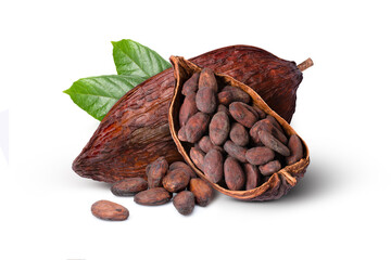 Wall Mural - Cocoa pod with cocoa beans isolated on white background.