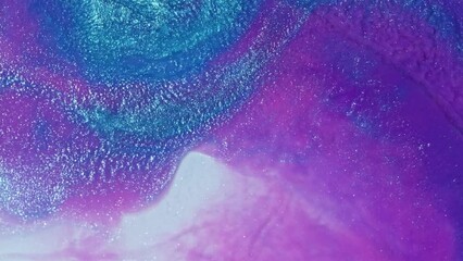 Wall Mural - Fluid art painting video, modern acrylic texture with flowing effect. Liquid paint mixing backdrop with splash and swirl. Artistic background motion with purple and turquoise overflowing colors.