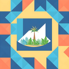 Wall Mural - Tropical logo on mosaic background. Generative AI