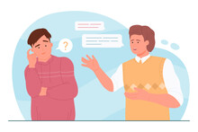 Communication Problem Of People Vector Illustration. Cartoon Two Male Characters Talking With Miscommunication In Dialogue, Confused Young Man With Question Mark Misunderstanding Conversation