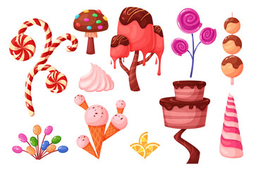 Fantasy candy plants set vector illustration. Cartoon isolated confectionery collection with trees and mushrooms of fantastic world, flower with lollipop crown and cane, chocolate and caramel flowing