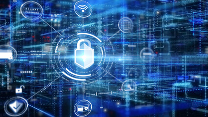 Fototapete - Cyber attack security an encryption network protection business technology. Internet UI access authorize with padlock, shield, folder, wifi icon illustration background.
