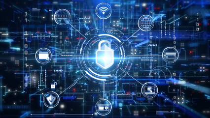 Fototapete - Cyber attack security an encryption network protection business technology. Internet UI access authorize with padlock, shield, folder, wifi icon illustration background.