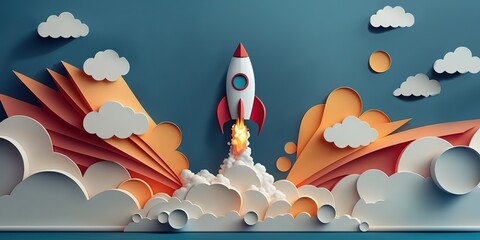 Wall Mural - design in the manner of paper cutouts depicting a rocket taking off against a blue sky. generative a