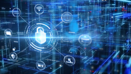 Fototapete - Cyber attack security an encryption network protection business technology. Internet UI access authorize with padlock, shield, folder, wifi icon illustration background.