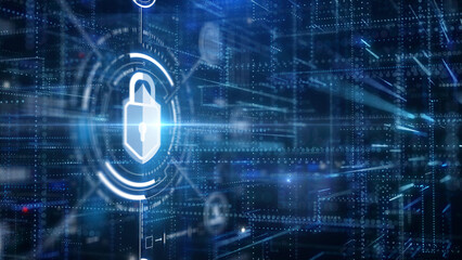 Fototapete - Cyber attack security an encryption network protection business technology. Internet UI access authorize with padlock, shield, folder, wifi icon illustration background.