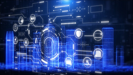 Fototapete - Cyber attack security network protection business technology concept. Safe online data UI authorized universal access on digital building illustration background.