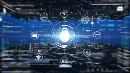 Fototapete - Cyber attack security an encryption network protection business technology. Internet UI access authorize with padlock, shield, folder, wifi icon illustration background.