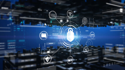 Fototapete - Cyber attack security an encryption network protection business technology. Internet UI access authorize with padlock, shield, folder, wifi icon illustration background.