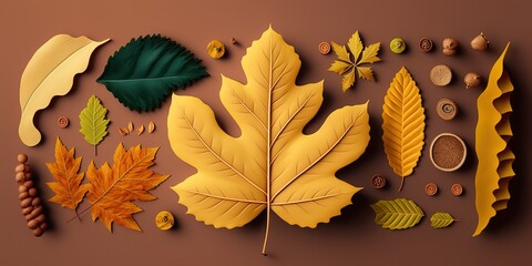 Wall Mural - season of fall leaves laid flat generative ai