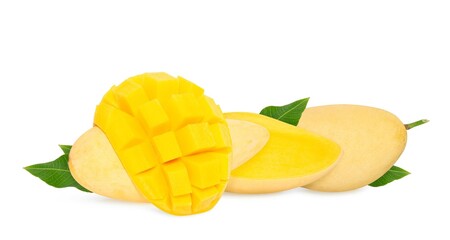 Wall Mural - Mango isolated. Fresh organic mango with leaves on white background. Mango with clipping path