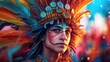 © MADMAT - A young man with colorful face paint and feathers, participating in a vibrant Brazilian carnival parade. Generative ai.