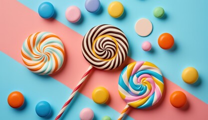 Wall Mural - candies in bright colors, like lollipops, on a striped backdrop. generative ai