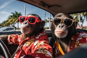 Wall Mural - Two chimpanzee monkeys wearing Hawaiian shirts with sunglasses driving car. AI generative art