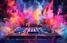 colorful dj deck with smoke. generative AI illustration.