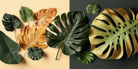 Wall Mural - Text-friendly flat-lay of monstera and other leaves Generative AI